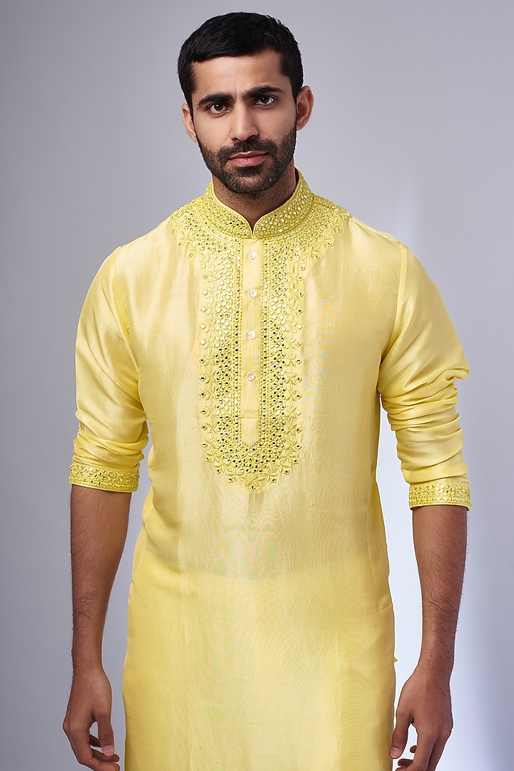 Yellow Pure Silk Embroidered Handcrafted Kurta Set by SAMMOHAN at Pernia's Pop Up Shop