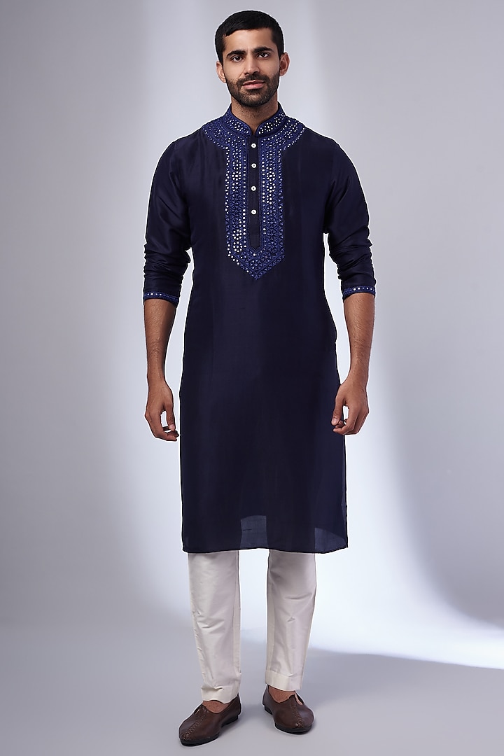 Navy Blue Pure Silk Embroidered Handcrafted Kurta Set by SAMMOHAN