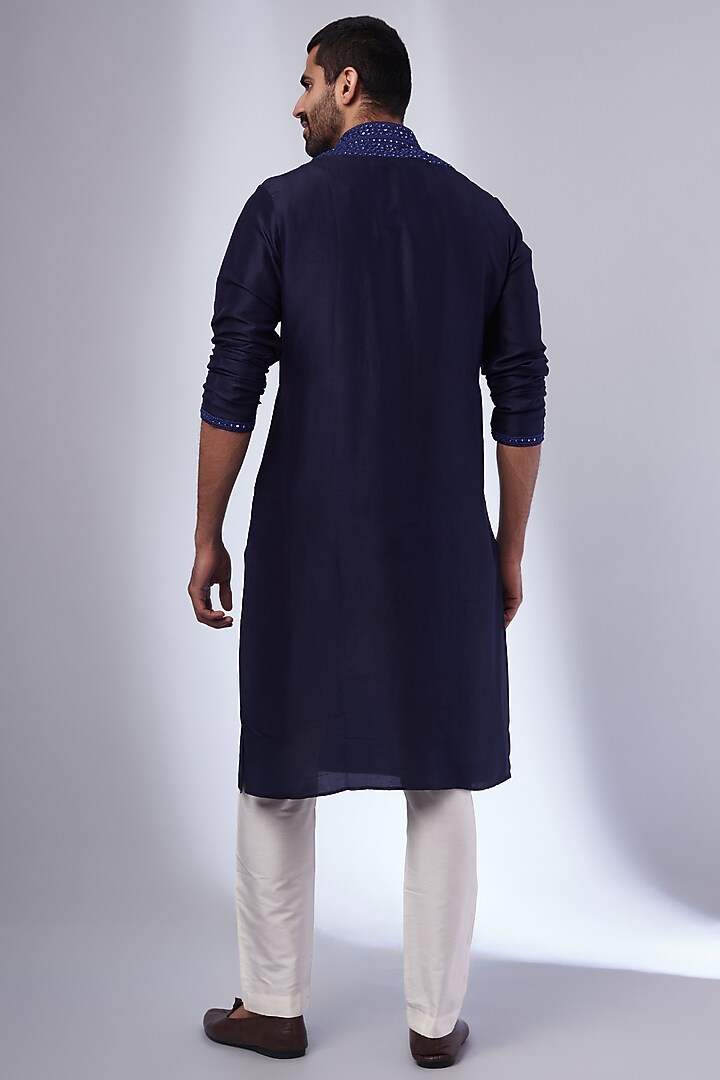 Navy Blue Pure Silk Embroidered Handcrafted Kurta Set by SAMMOHAN at Pernia's Pop Up Shop