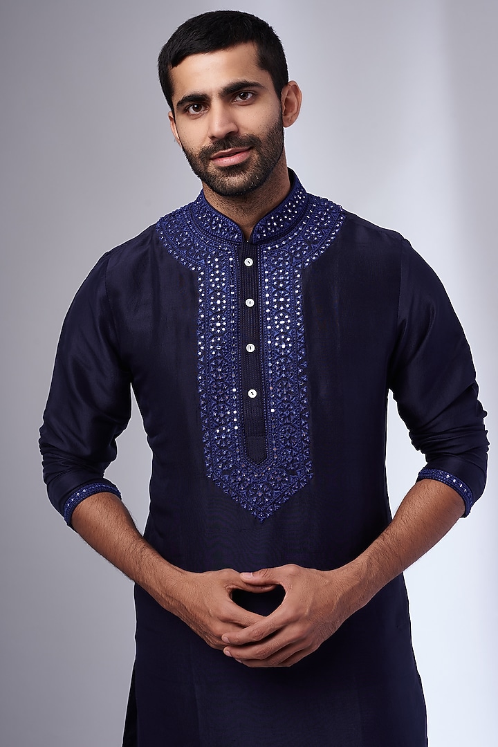 Navy Blue Pure Silk Embroidered Handcrafted Kurta Set by SAMMOHAN at Pernia's Pop Up Shop