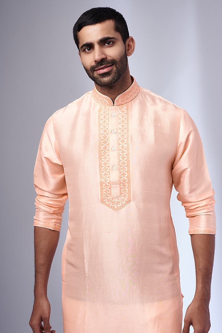 Peach Pure Silk Hand Embroidered Kurta Set by SAMMOHAN at Pernia's Pop Up Shop