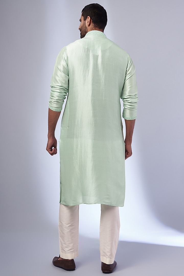 Mint Pure Silk Hand Embroidered Kurta Set by SAMMOHAN at Pernia's Pop Up Shop