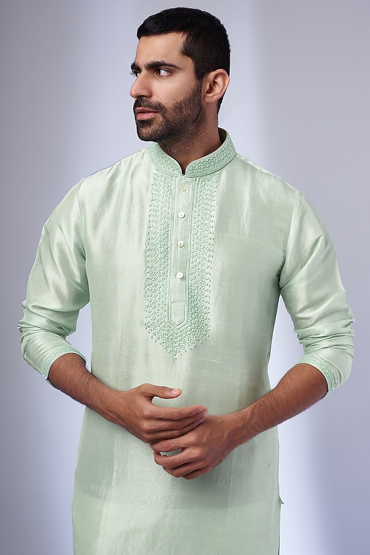 Mint Pure Silk Hand Embroidered Kurta Set by SAMMOHAN at Pernia's Pop Up Shop