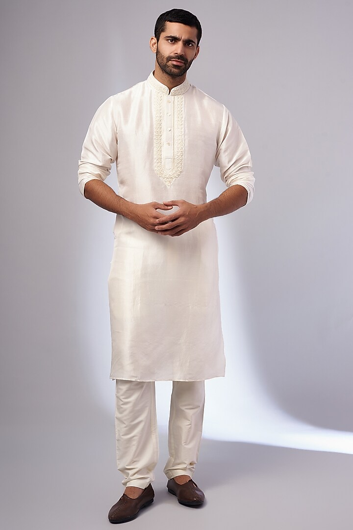 Ivory Pure Silk Hand Embroidered Kurta Set by SAMMOHAN at Pernia's Pop Up Shop