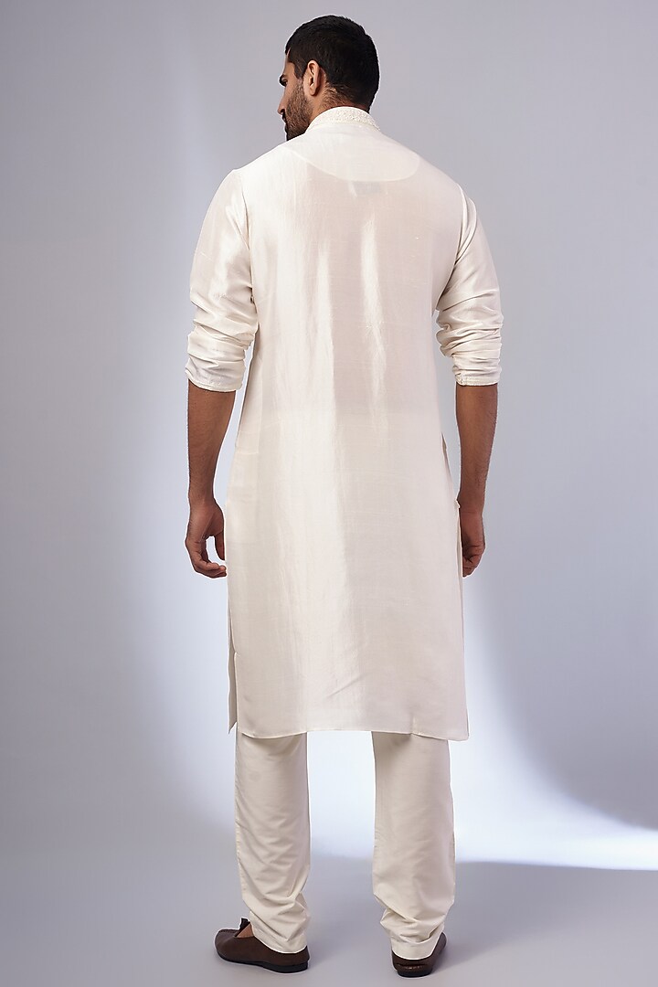 Ivory Pure Silk Hand Embroidered Kurta Set by SAMMOHAN at Pernia's Pop Up Shop