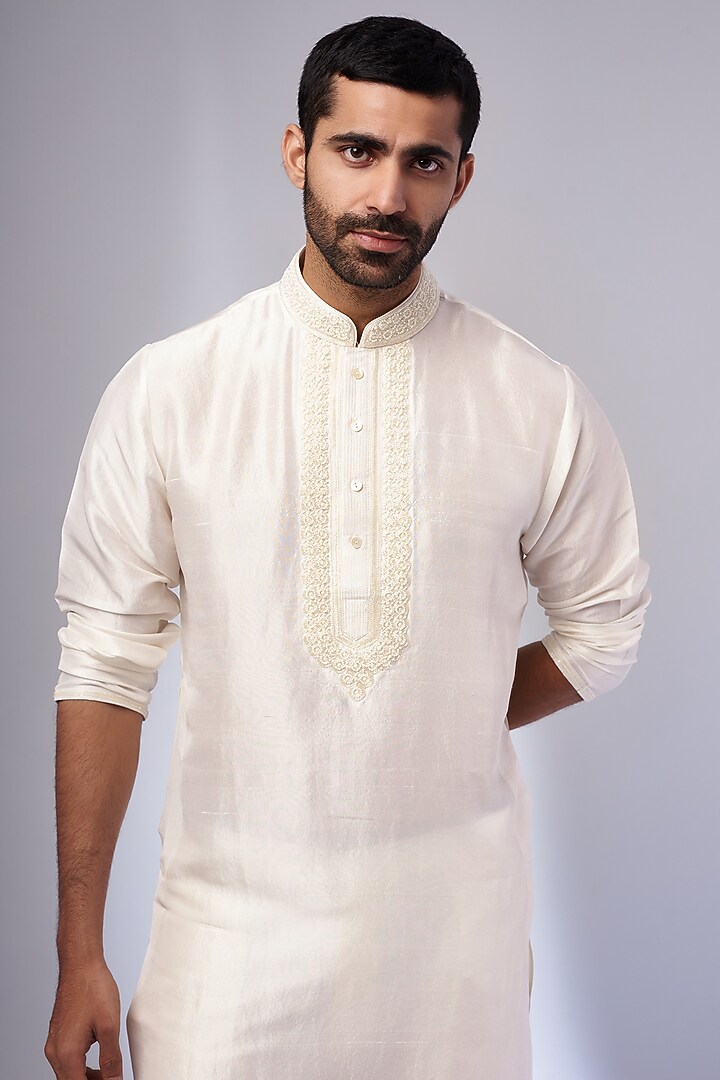 Ivory Pure Silk Hand Embroidered Kurta Set by SAMMOHAN at Pernia's Pop Up Shop
