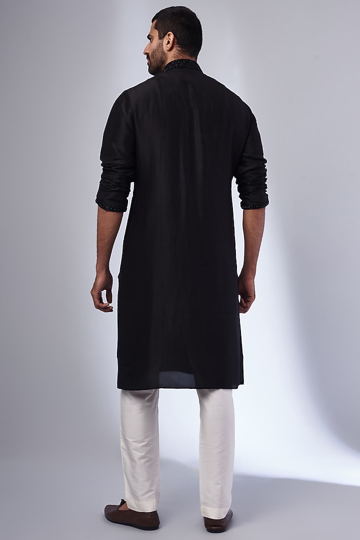 Black Pure Silk Hand Embroidered Kurta Set by SAMMOHAN at Pernia's Pop Up Shop