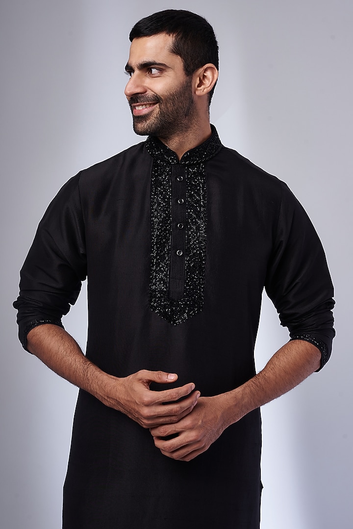 Black Pure Silk Hand Embroidered Kurta Set by SAMMOHAN at Pernia's Pop Up Shop