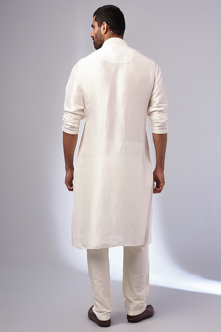 Ivory Pure Silk Hand Embroidered Kurta Set by SAMMOHAN at Pernia's Pop Up Shop