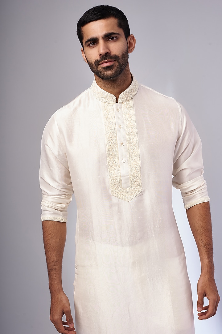 Ivory Pure Silk Hand Embroidered Kurta Set by SAMMOHAN at Pernia's Pop Up Shop