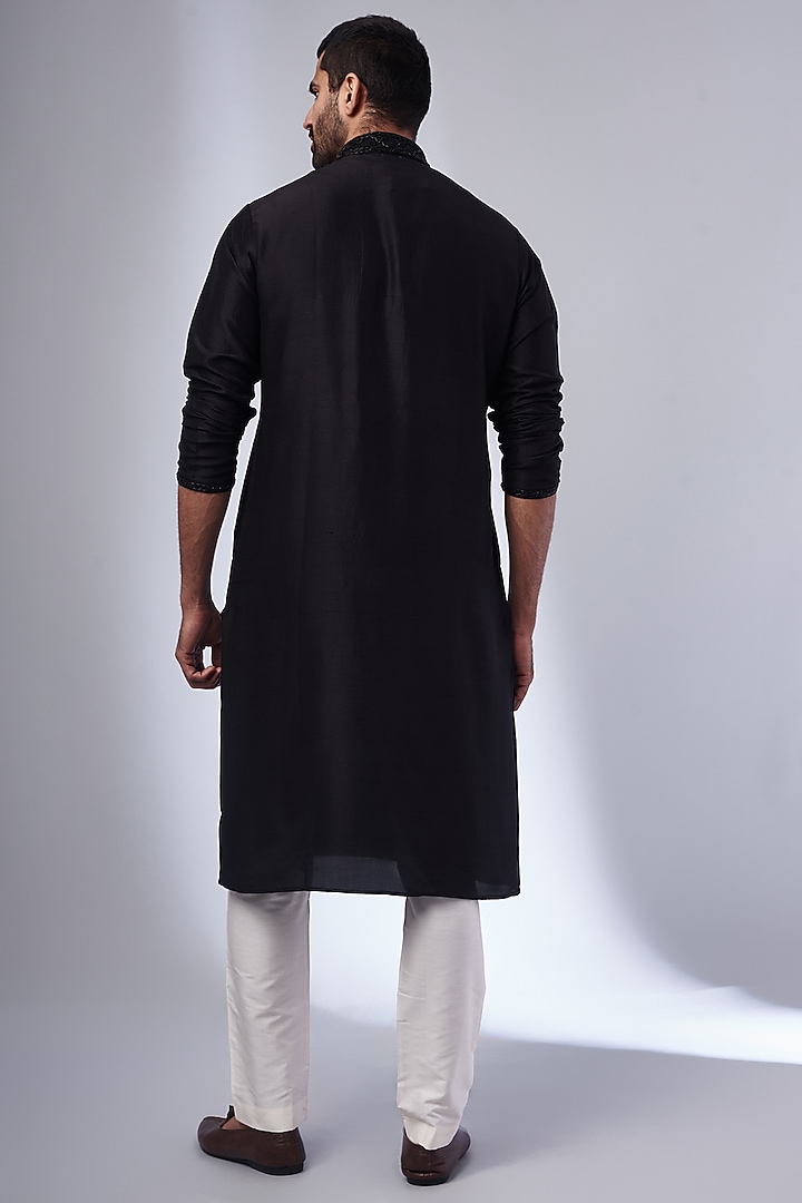 Black Pure Silk Hand Embroidered Kurta Set by SAMMOHAN at Pernia's Pop Up Shop