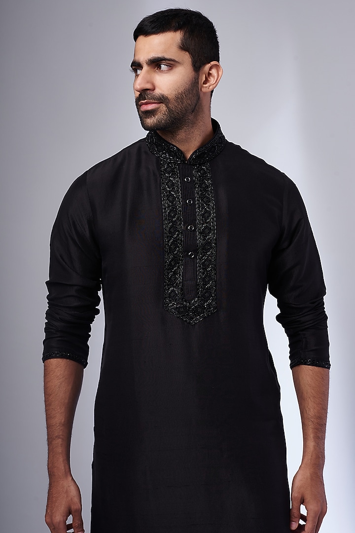 Black Pure Silk Hand Embroidered Kurta Set by SAMMOHAN at Pernia's Pop Up Shop