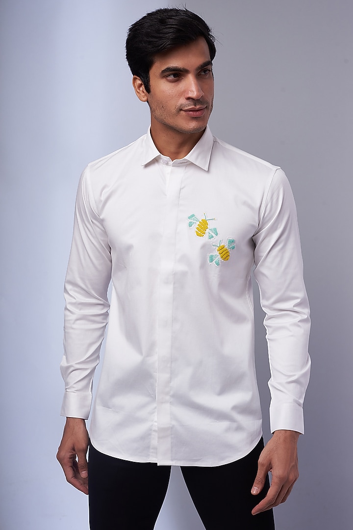 White Cotton & Lycra Embroidered Party Wear Shirt by ALOUKIK at Pernia's Pop Up Shop