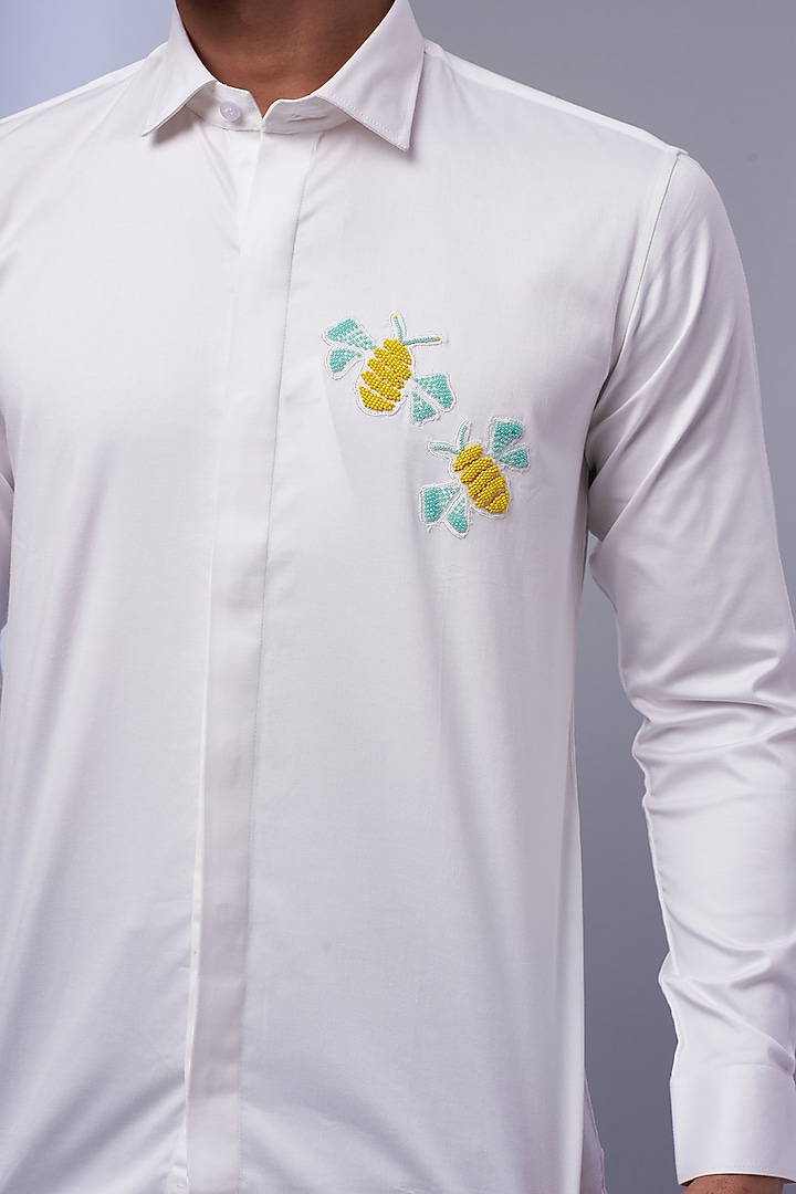 White Cotton & Lycra Embroidered Party Wear Shirt by ALOUKIK at Pernia's Pop Up Shop