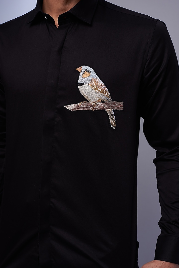 Black Cotton & Lycra Embroidered Party Wear Shirt by ALOUKIK at Pernia's Pop Up Shop