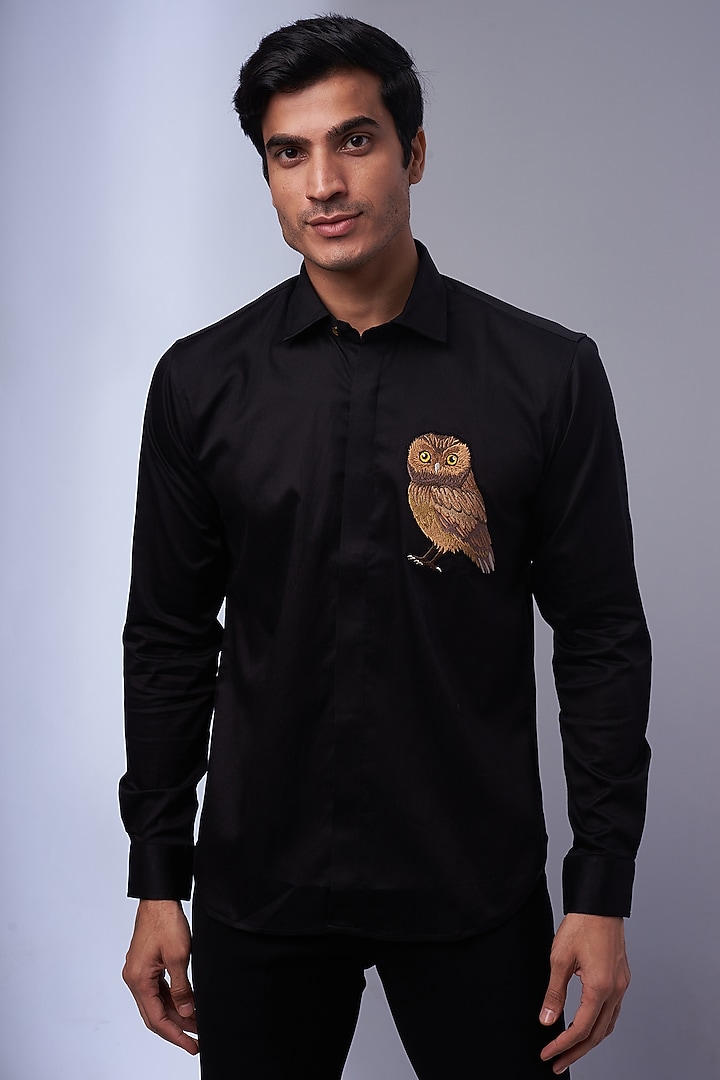Black Cotton & Lycra Embroidered Party Wear Shirt by ALOUKIK at Pernia's Pop Up Shop