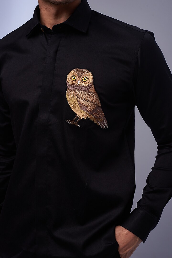 Black Cotton & Lycra Embroidered Party Wear Shirt by ALOUKIK at Pernia's Pop Up Shop
