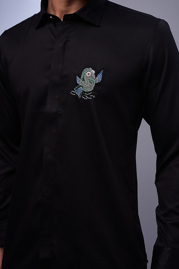 Black Cotton & Lycra Embroidered Party Wear Shirt by ALOUKIK at Pernia's Pop Up Shop