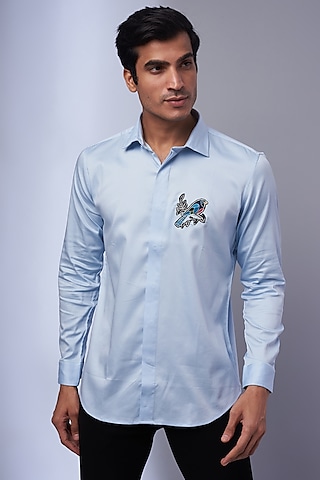 Light Blue Cotton & Lycra Embroidered Shirt by ALOUKIK