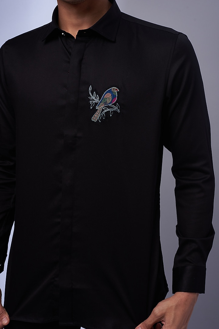 Black Cotton & Lycra Embroidered Party Wear Shirt by ALOUKIK at Pernia's Pop Up Shop
