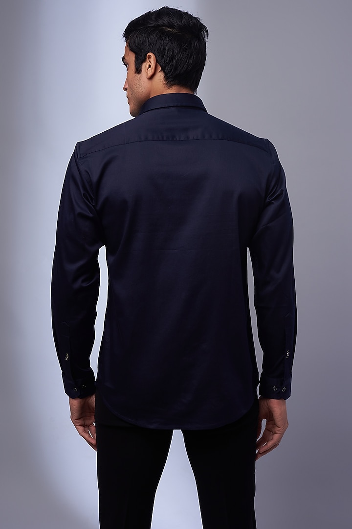 Navy Cotton & Lycra Embroidered Party Wear Shirt by ALOUKIK at Pernia's Pop Up Shop
