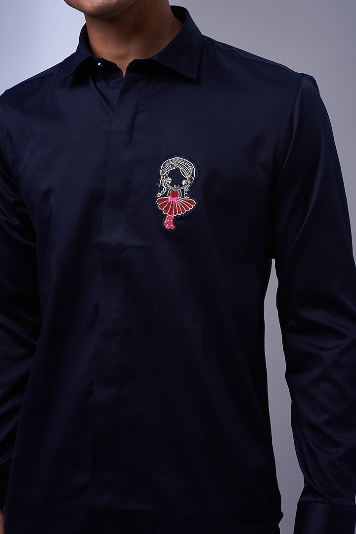 Navy Cotton & Lycra Embroidered Party Wear Shirt by ALOUKIK at Pernia's Pop Up Shop