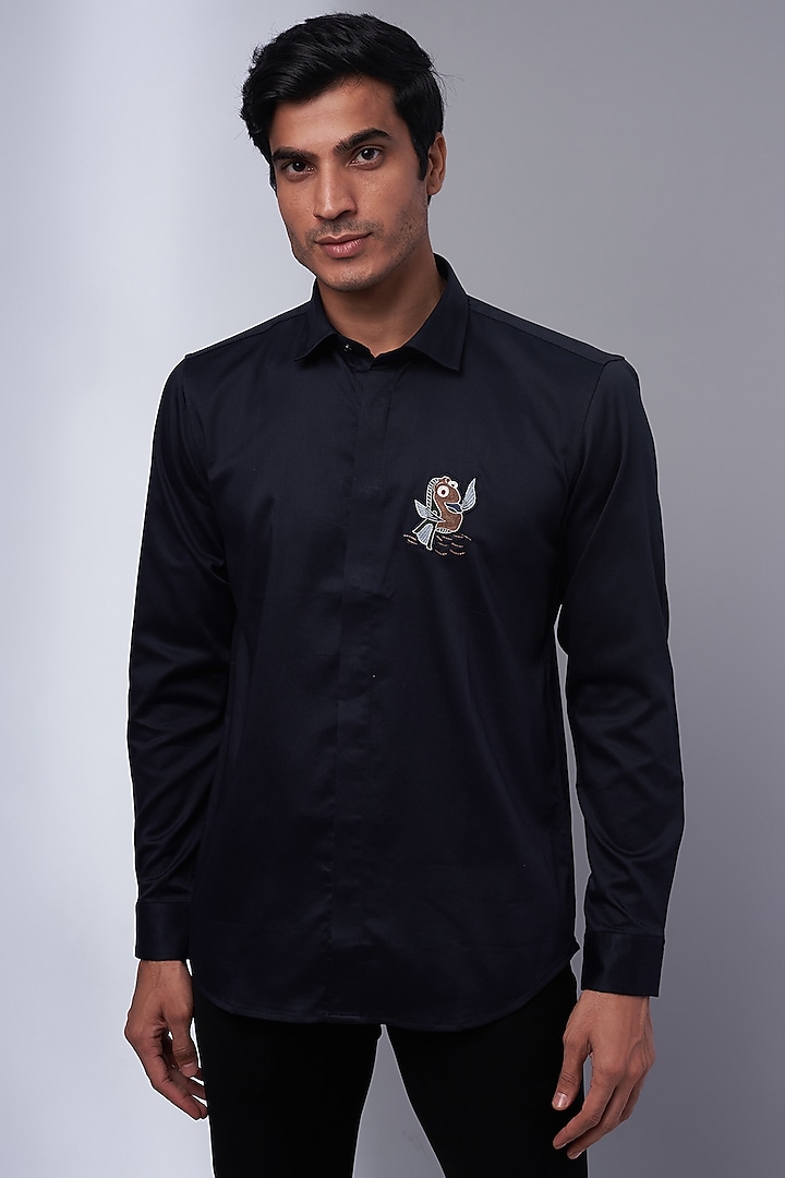 Navy Cotton & Lycra Embroidered Shirt by ALOUKIK at Pernia's Pop Up Shop