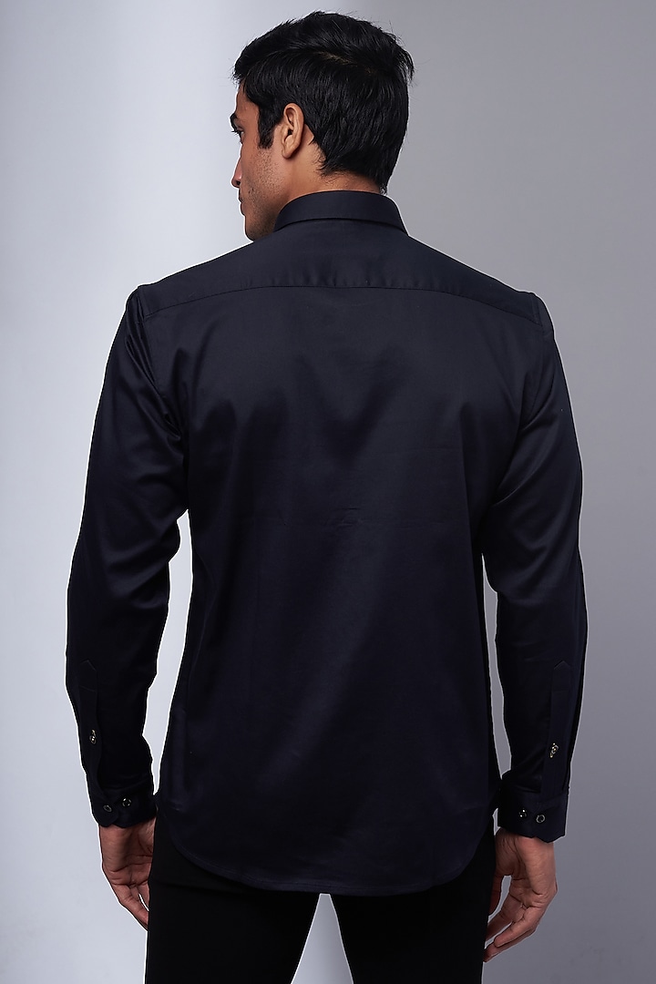 Navy Cotton & Lycra Embroidered Party Wear Shirt by ALOUKIK at Pernia's Pop Up Shop