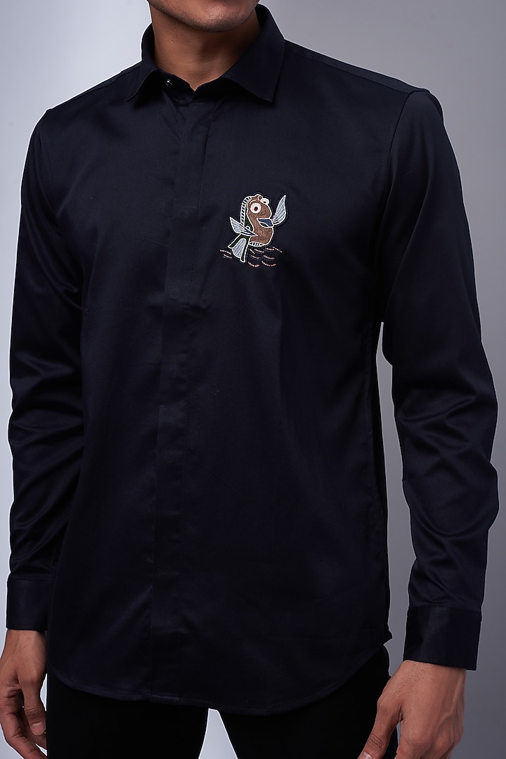 Navy Cotton & Lycra Embroidered Party Wear Shirt by ALOUKIK at Pernia's Pop Up Shop