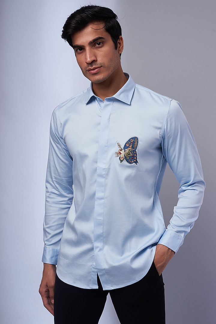 Light Blue Cotton & Lycra Embroidered Shirt by ALOUKIK