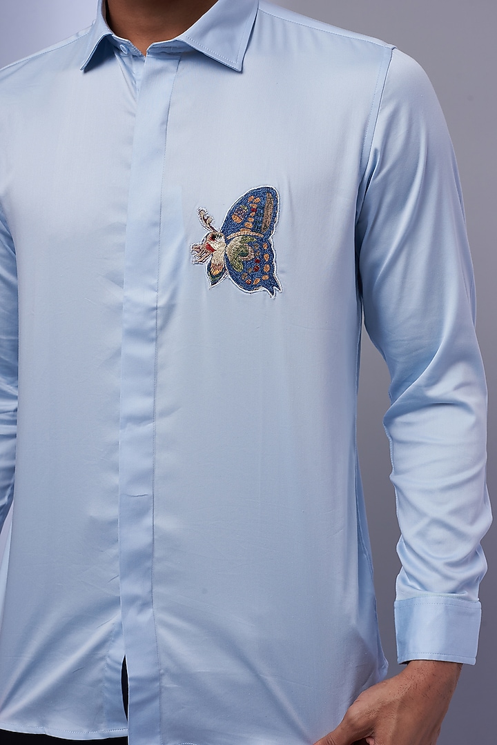 Light Blue Cotton & Lycra Embroidered Party Wear Shirt by ALOUKIK at Pernia's Pop Up Shop