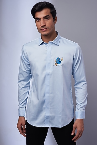 Light Blue Cotton & Lycra Embroidered Shirt by ALOUKIK
