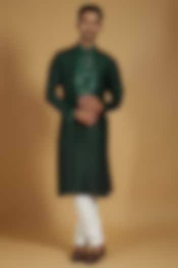 Emerald Green Pure Silk Cutdana Hand Embroidered Kurta Set by SAMMOHAN at Pernia's Pop Up Shop