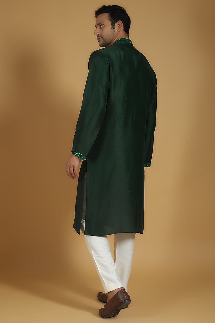 Emerald Green Pure Silk Cutdana Hand Embroidered Kurta Set by SAMMOHAN at Pernia's Pop Up Shop
