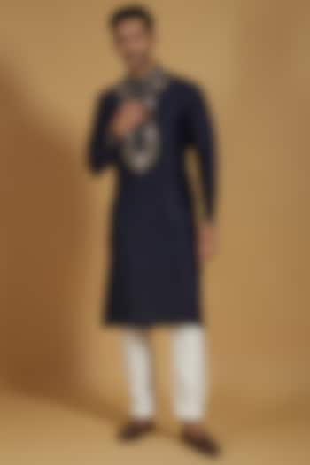 Navy Blue Pure Silk Kashmiri Embroidered Kurta Set by SAMMOHAN at Pernia's Pop Up Shop