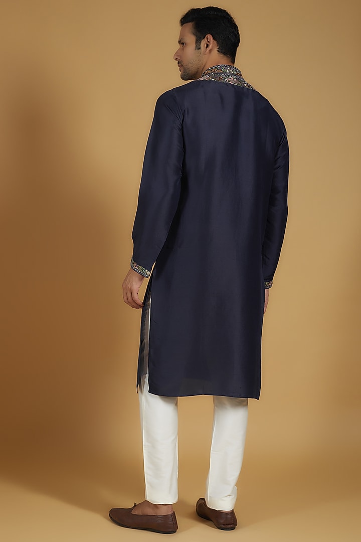 Navy Blue Pure Silk Kashmiri Embroidered Kurta Set by SAMMOHAN at Pernia's Pop Up Shop
