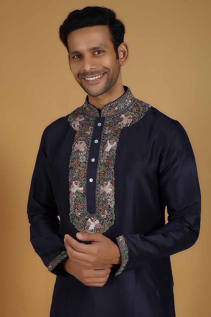 Navy Blue Pure Silk Kashmiri Embroidered Kurta Set by SAMMOHAN at Pernia's Pop Up Shop