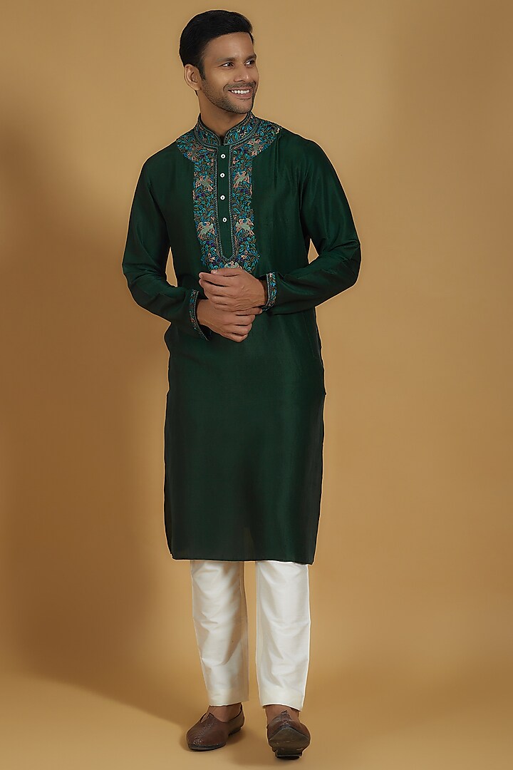 Emerald Green Pure Silk Kashmiri Embroidered Kurta Set by SAMMOHAN