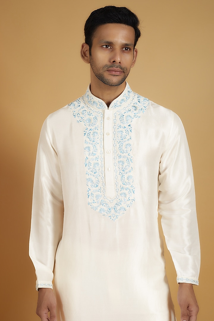 Ivory Pure Silk Kashmiri Embroidered Kurta Set by SAMMOHAN at Pernia's Pop Up Shop