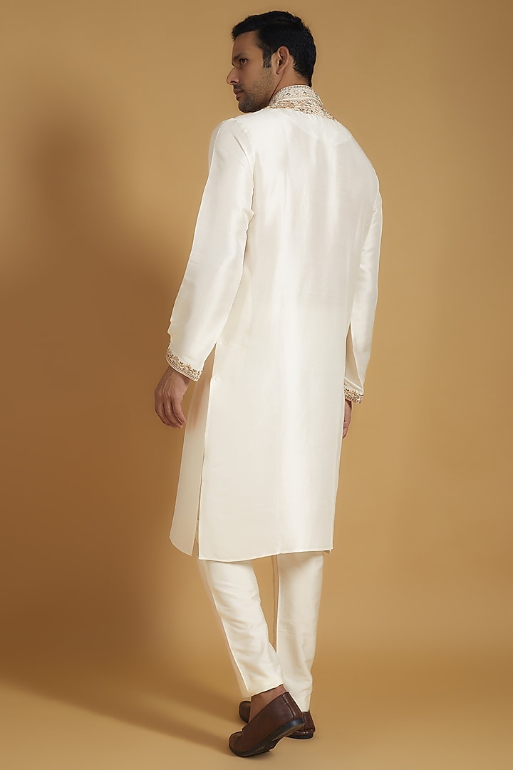 Ivory Pure Silk Kashmiri Embroidered Kurta Set by SAMMOHAN at Pernia's Pop Up Shop
