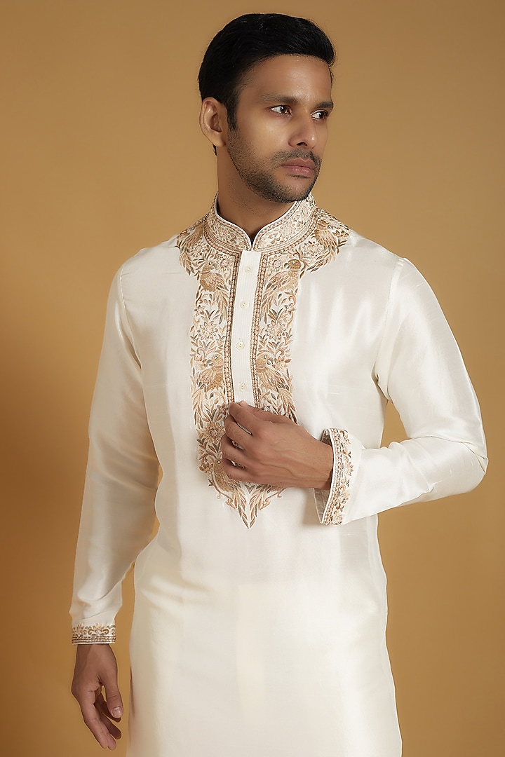 Ivory Pure Silk Kashmiri Embroidered Kurta Set by SAMMOHAN at Pernia's Pop Up Shop