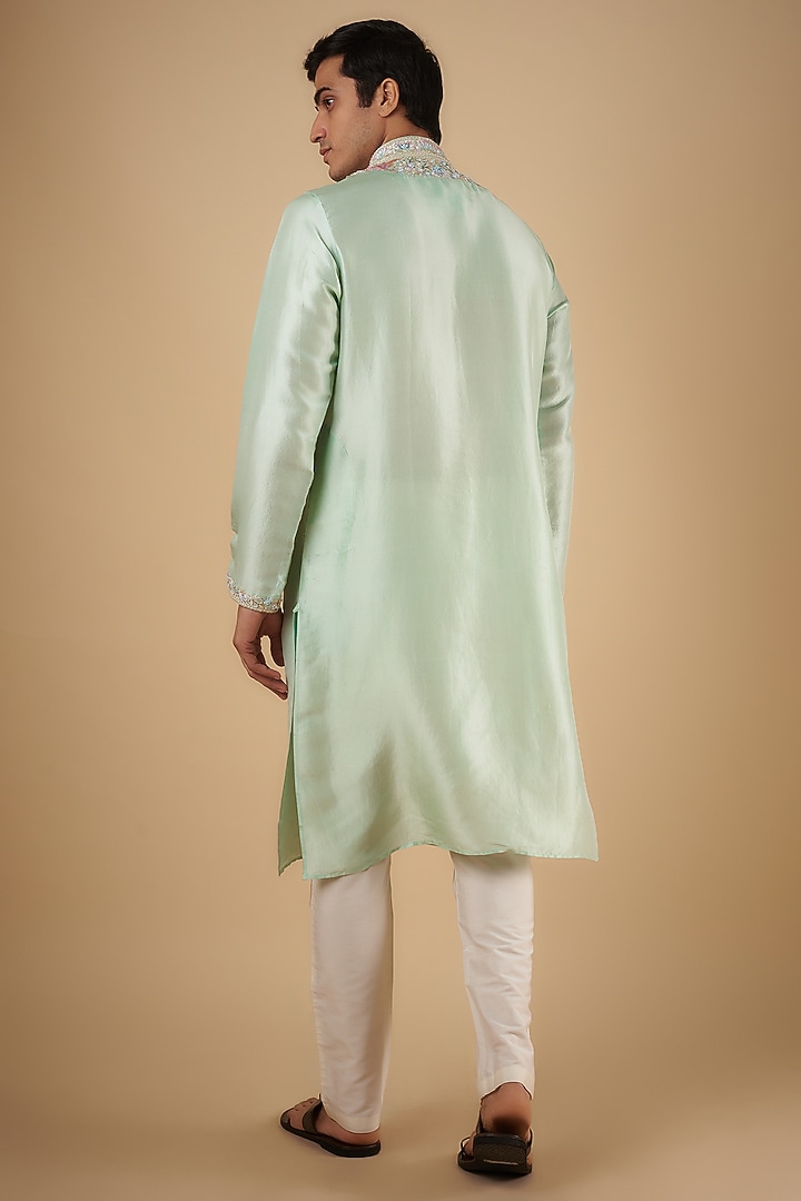 Mint Green Pure Silk Embroidered Kurta Set by SAMMOHAN at Pernia's Pop Up Shop