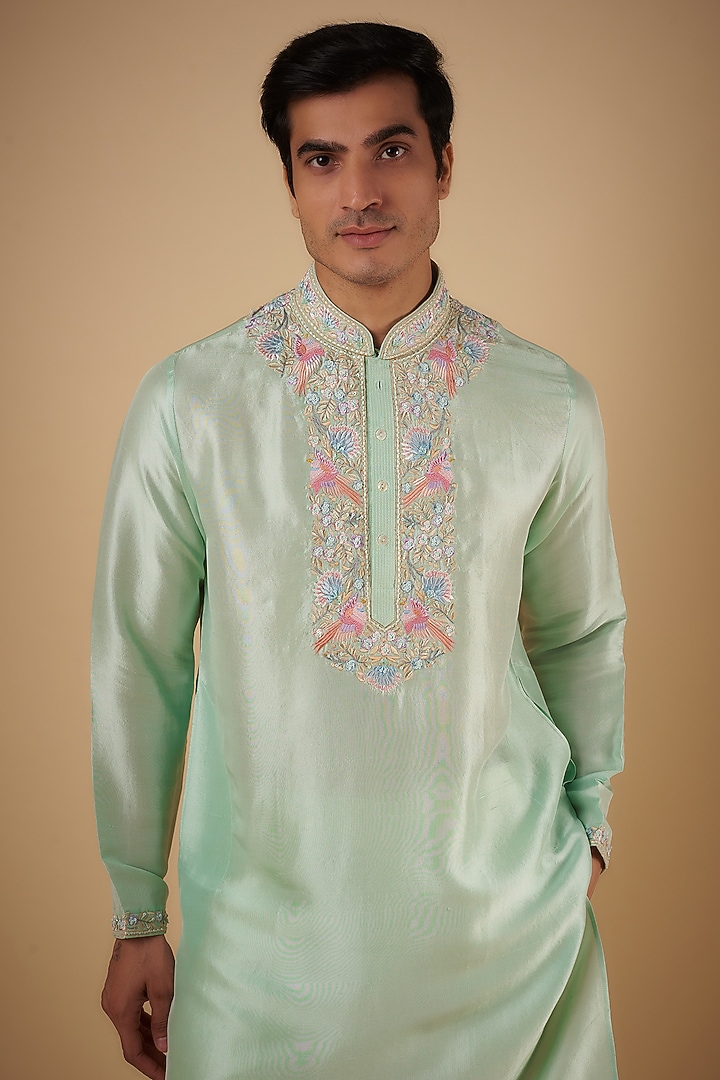 Mint Green Pure Silk Embroidered Kurta Set by SAMMOHAN at Pernia's Pop Up Shop