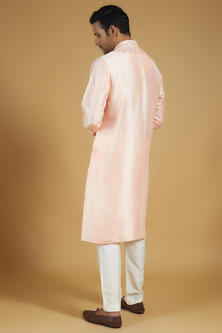 Peach Pure Silk Kashmiri Embroidered Kurta Set by SAMMOHAN at Pernia's Pop Up Shop