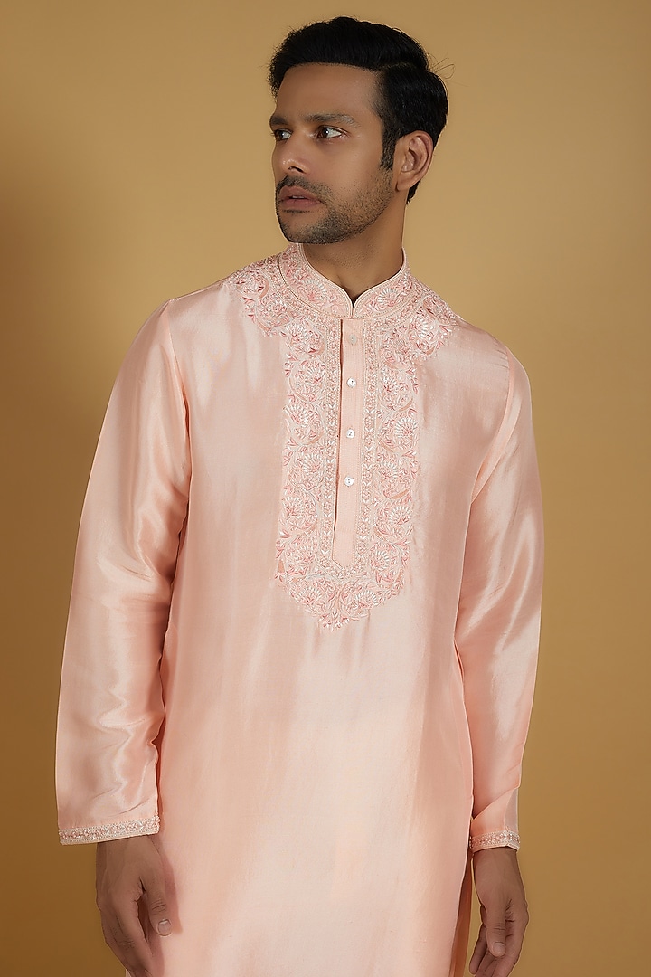 Peach Pure Silk Kashmiri Embroidered Kurta Set by SAMMOHAN at Pernia's Pop Up Shop