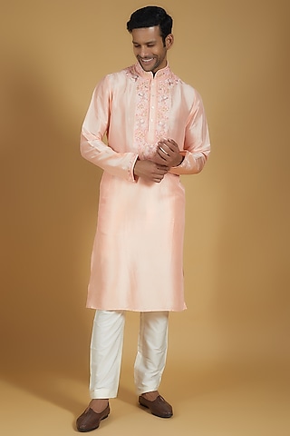 Peach Pure Silk Kashmiri Embroidered Kurta Set by SAMMOHAN