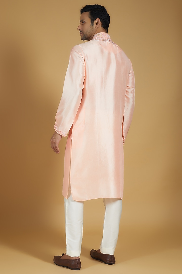 Peach Pure Silk Kashmiri Embroidered Kurta Set by SAMMOHAN at Pernia's Pop Up Shop