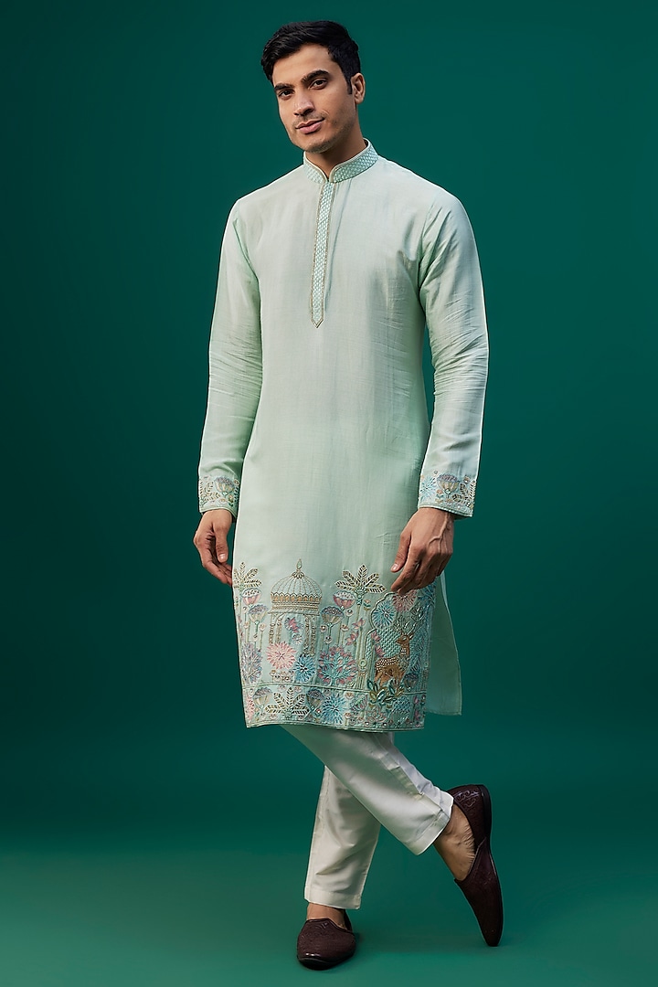 Mint Tussar Resham Hand & Machine Embroidered Kurta Set by SAMMOHAN