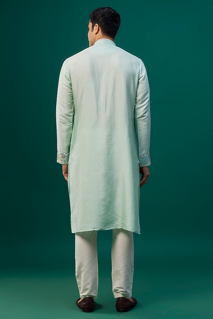 Mint Tussar Resham Hand & Machine Embroidered Kurta Set by SAMMOHAN at Pernia's Pop Up Shop