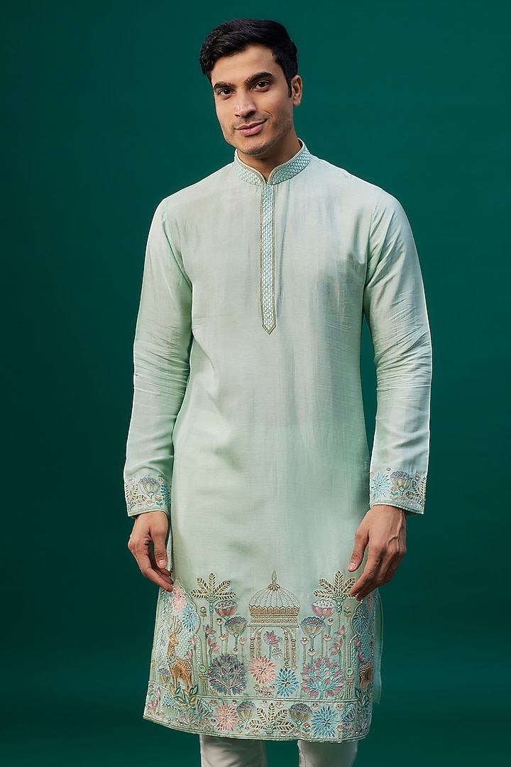 Mint Tussar Resham Hand & Machine Embroidered Kurta Set by SAMMOHAN at Pernia's Pop Up Shop